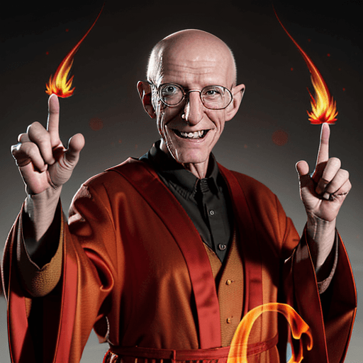 AI generated: professor  Farnsworth, realistic, dressed in red robes covered in mystic symbols stars and moons, ba...