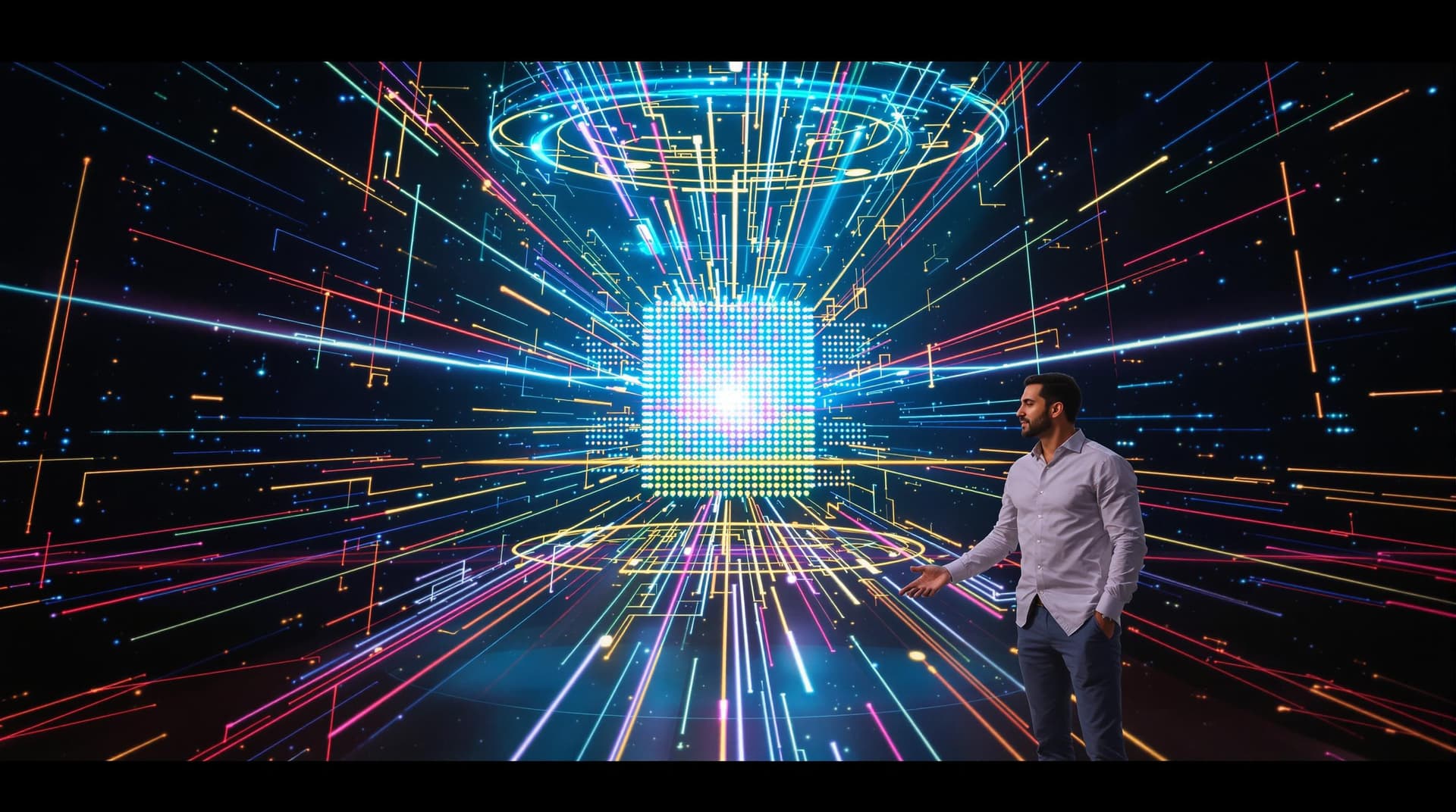 AI generated: /imagine prompt: Tech giant unveiling quantum processor in holographic theater, diverse engineers de...