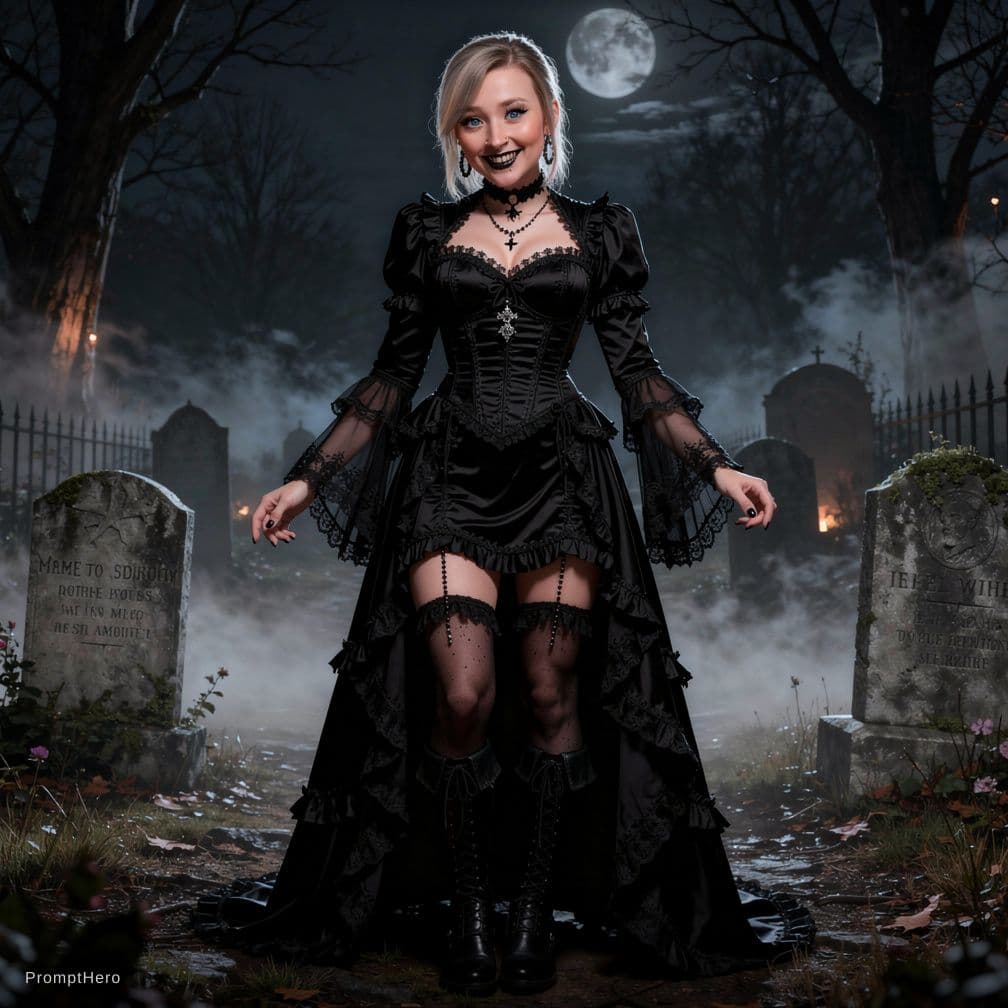 AI generated: gothic woman, ,ultrarealistic,very high detailed,modelposition,dynamic light,misty,creepy,bad grine,...