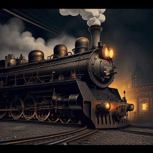 AI generated: steampunk train chugging black smoke at the station in the middle of the night, looking straight dow...