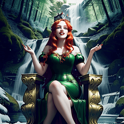 AI generated: Masterpiece. young woman, fairy queen, majestic image. proud, beautiful. thick red hair, green eyes,...