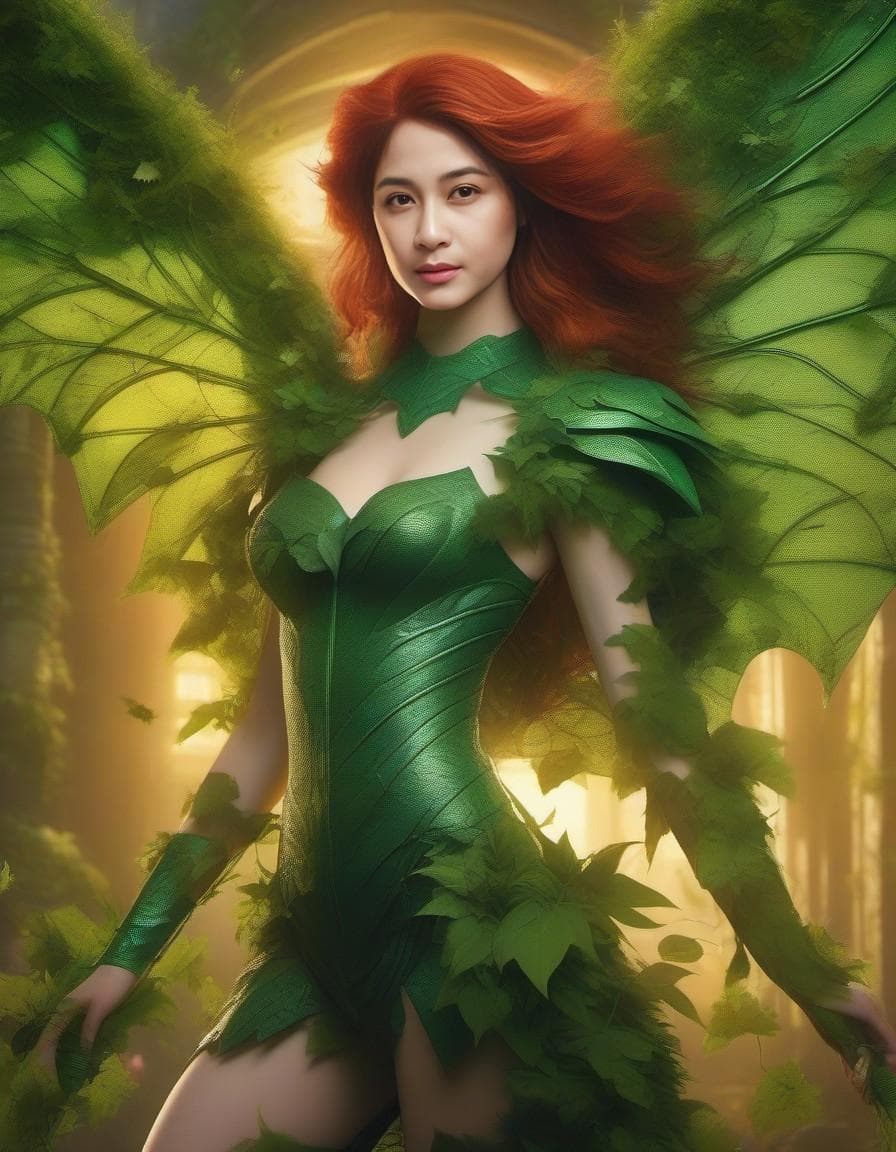 AI generated: ultra detailed photo shot of a woman (Jia Lissa) dressed as Poison Ivy, with wings made of ((grassy-...