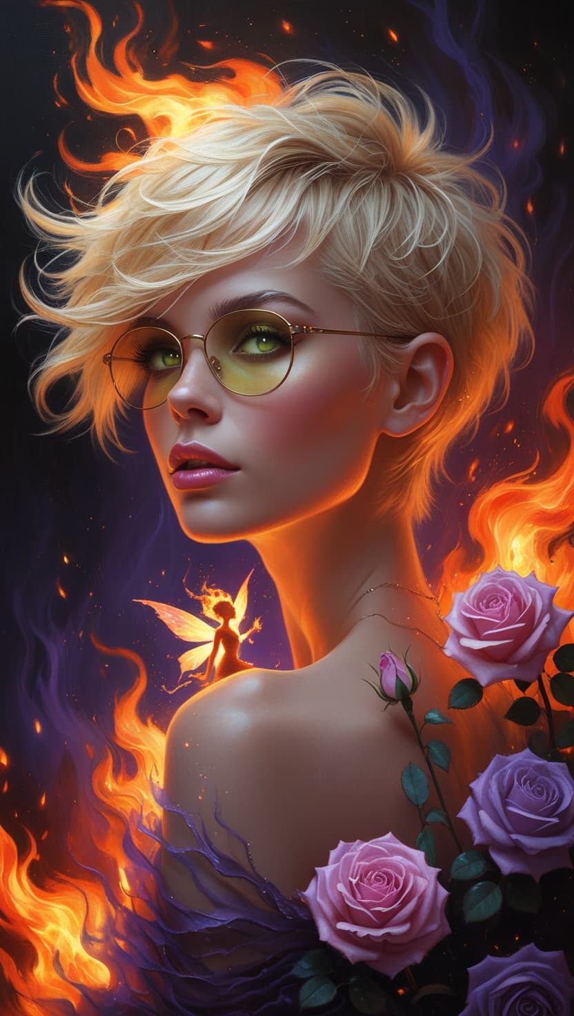AI generated: A dreamlike, magical portrait of a 35-year-old blonde woman with short, tousled pixie-cut hair blowi...
