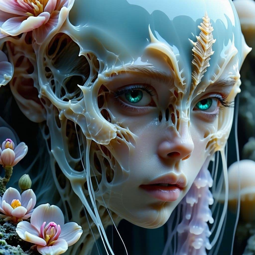 AI generated: Goddess close-up portrait ribcagel. jellyfish phoenix head, nautilus, orchid, skull, betta fish, bio...