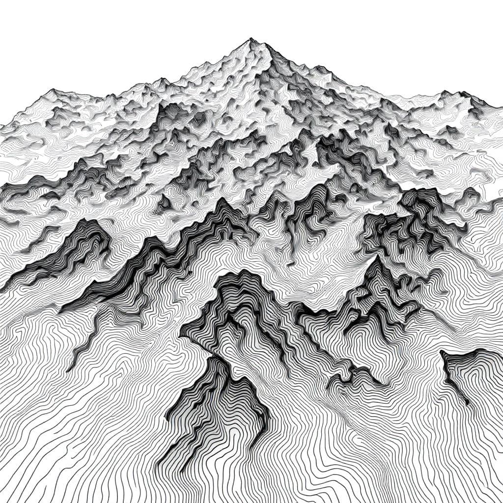 AI generated: Top-down contour line illustration, topographic map style, fine black ink lines on white background,...