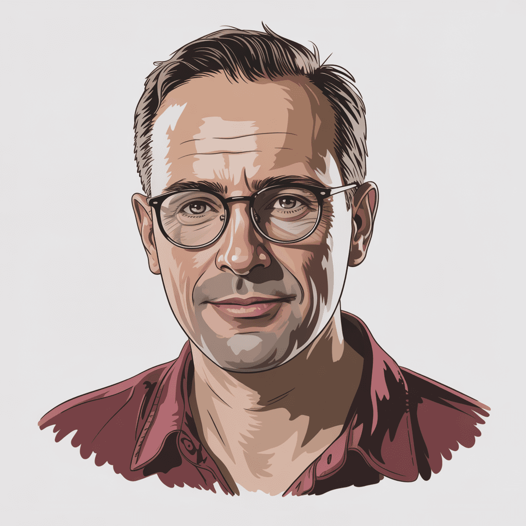 AI generated: portrait of a middle-aged man with glasses, wearing a maroon shirt, soft stylized look, natural prop...