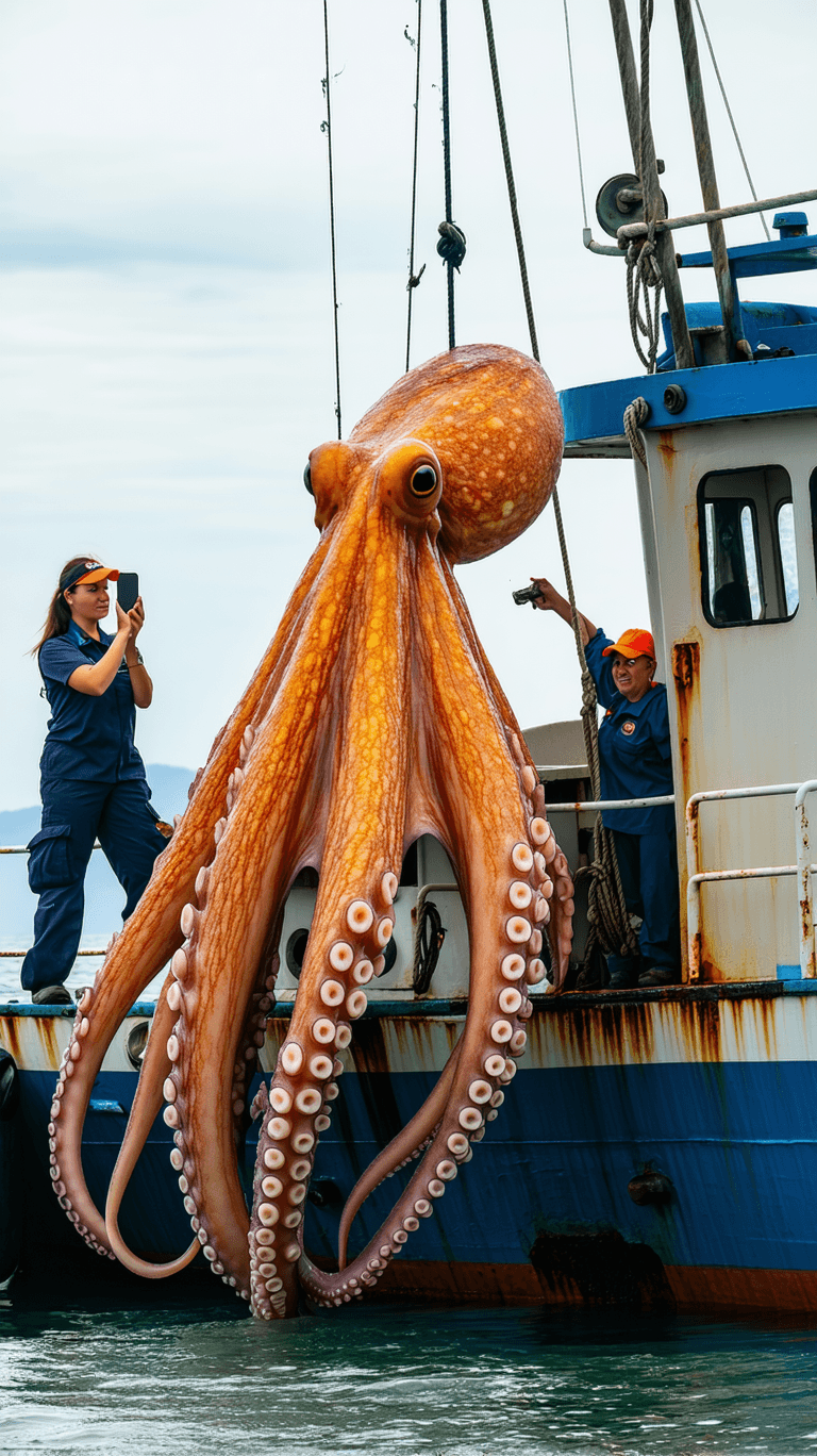 AI generated: A full-length photograph of two female fishermen on a fishing boat with a giant 3 headed octopus. Th...