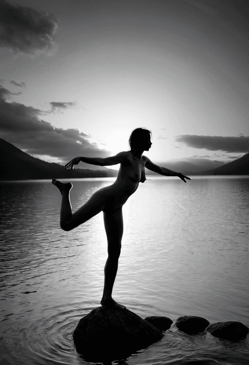 AI generated: black and white silhouette photograph of a woman, standing on a rock on a large lake, arms outstretc...