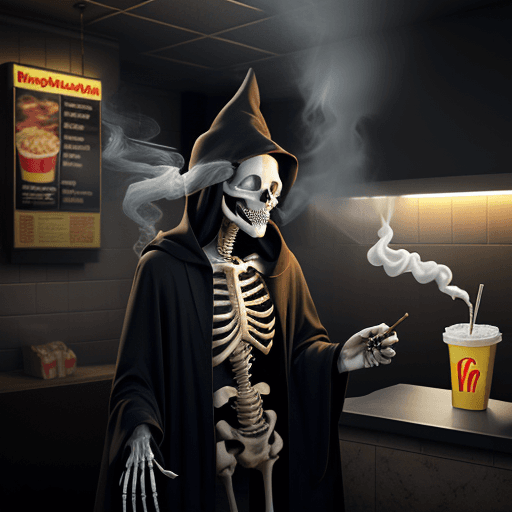 AI generated: a realistic skeleton wearing wizard robes smoking in the mcdonalds kitchen 

