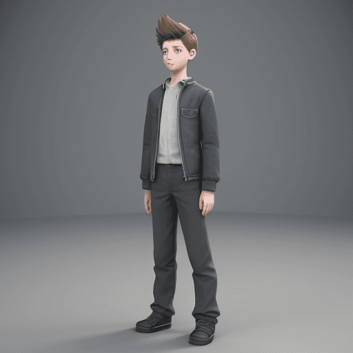 AI generated: a portrait of a 15 year old boy standing full length, 3d animation, 4k, 8k, cheerful, smart