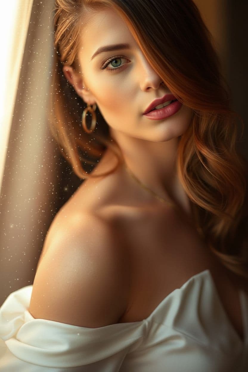 AI generated: "Fine art photography, head and torso portrait, warm light, soft saturation, early 20's supermodel, ...