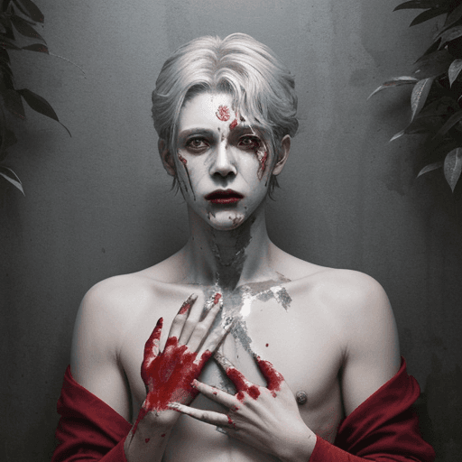 AI generated: Scary, 1boy, blood, hand prints, silver, red, piecing, mature, leaves