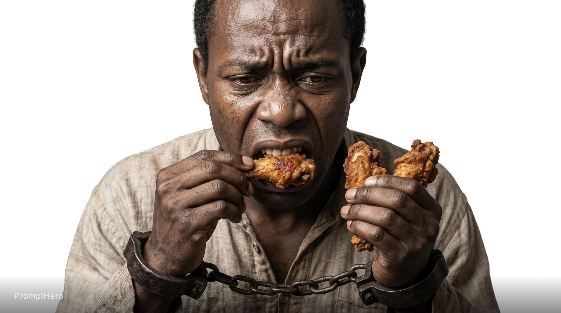 AI generated: make photo realistic photo of the person. I want the same face of the guy but he is chained with his...