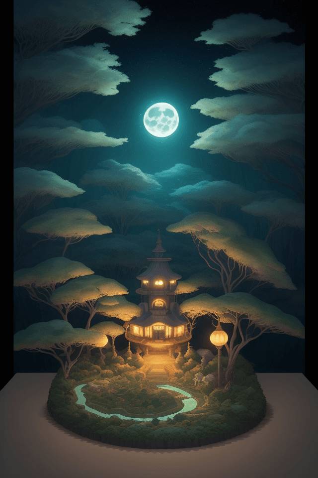 AI generated: a Land of fantacy game  ,(Bosque de noche con la luna), beautifully wavelengths designed by studio g...