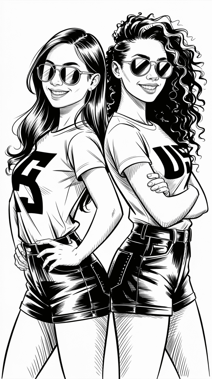 AI generated: Black and white ink sketch of two young women, one of East Asian descent and the other of African de...