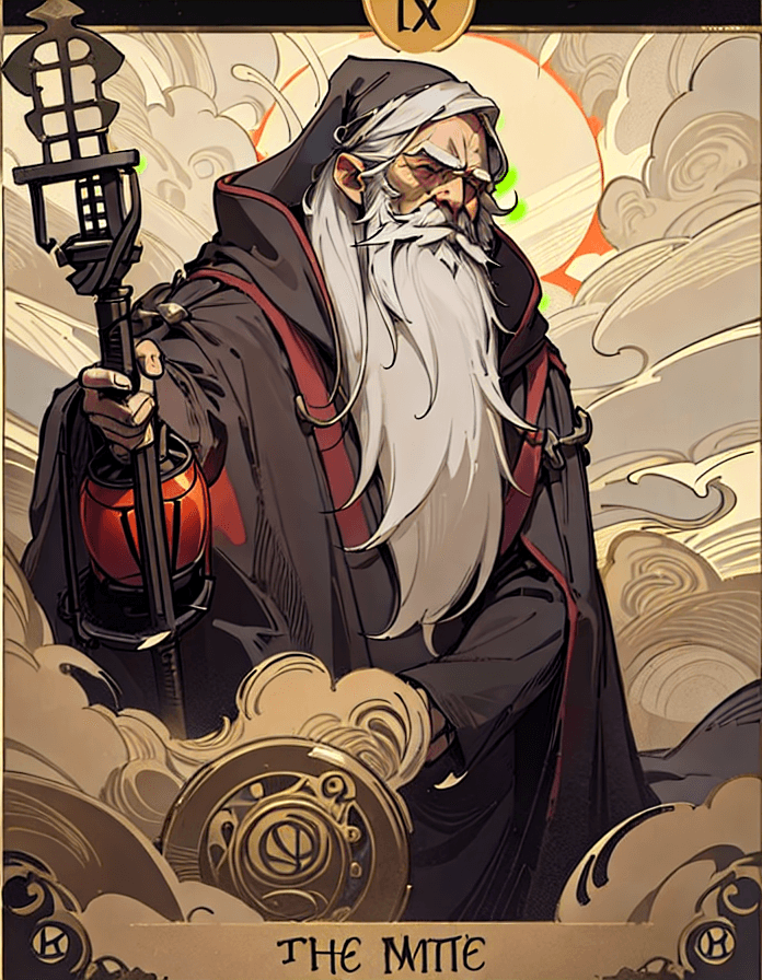 AI generated: <lora:Tarot0.2:0.3>, tarot card, the hermit, tarot card frame, frame all around, old man, beard, gre...