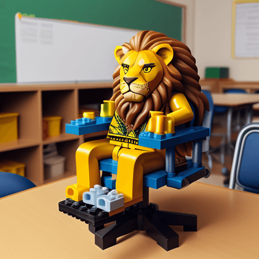 AI generated: a lion sit on classroomchair all parts will be created by lego full body