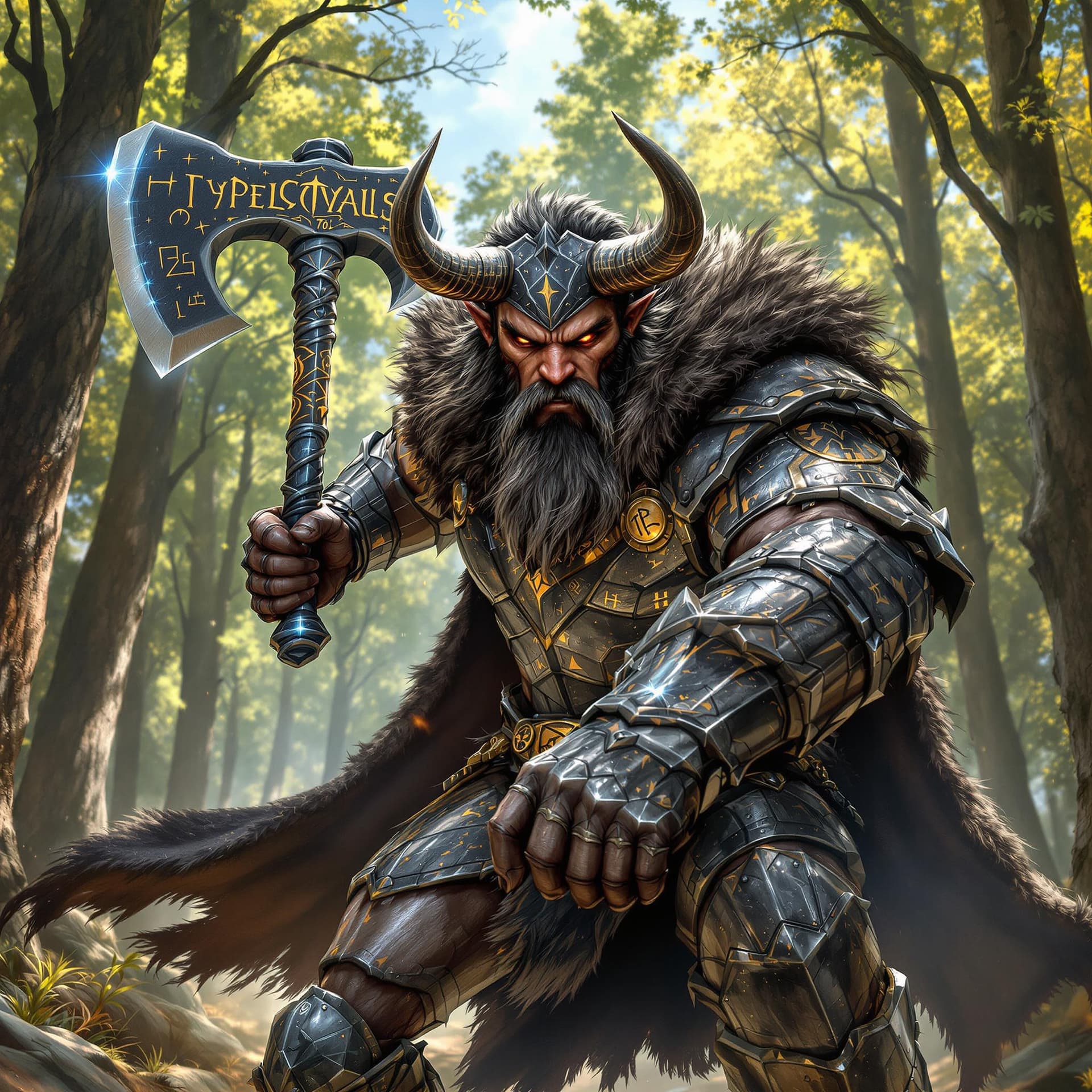 AI generated: A handsome-faced Minotaur barbarian warrior, clad in battered black chrome armor, charges forward in...
