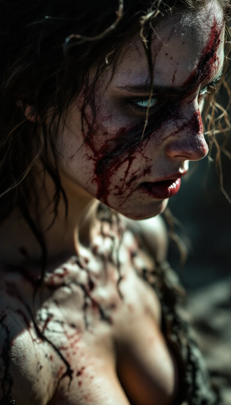 AI generated: high-resolution photograph, woman, ugly scar in the face, exposed body,  dramatic scene of old war, ...