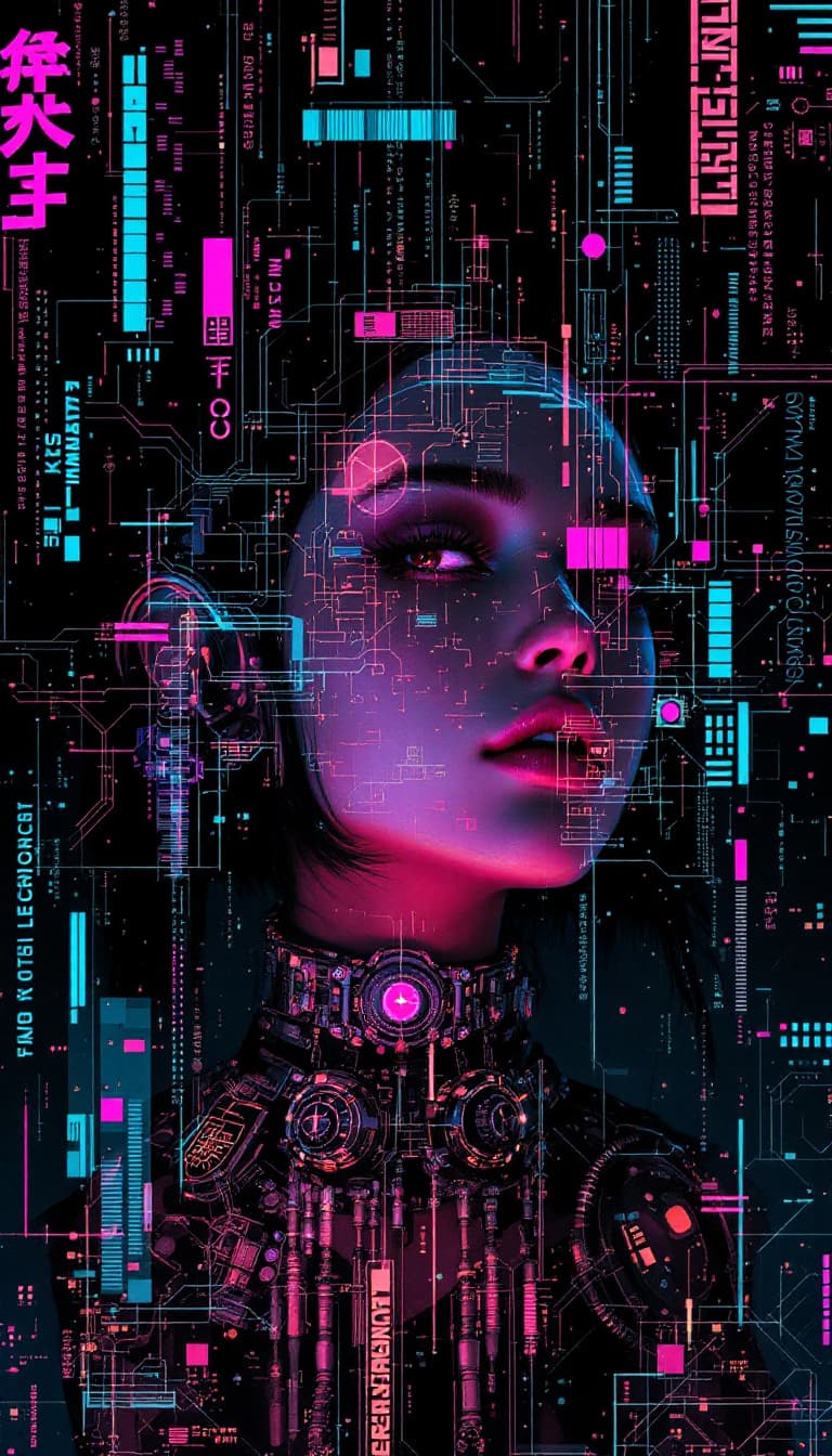 AI generated:  Portrait of a futuristic cyberpunk rebel leader, girl, centered, adorned with revolutionary tech, i...