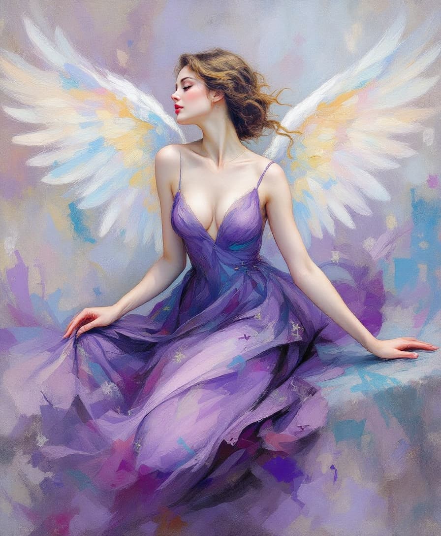 AI generated: 
impressionist painting of a beautiful angel woman wearing a violet dress, in the style of Amedeo Mo...