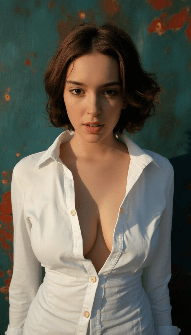AI generated: A fit adult woman with short, wavy brown hair stands against an abstract background featuring splash...