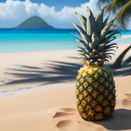 AI generated: pineapple in foreground, beach background, high detail, high resolution, 8k, no flaws