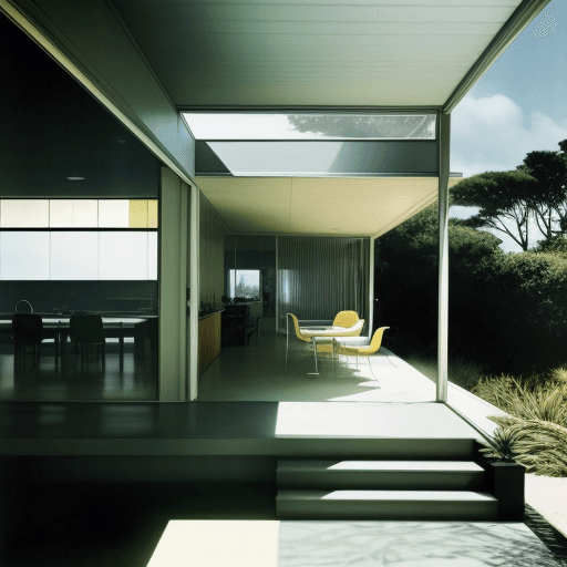 AI generated: Hyper realistic eye level exterior photo of a mid century modern style house overlooking the ocean, ...