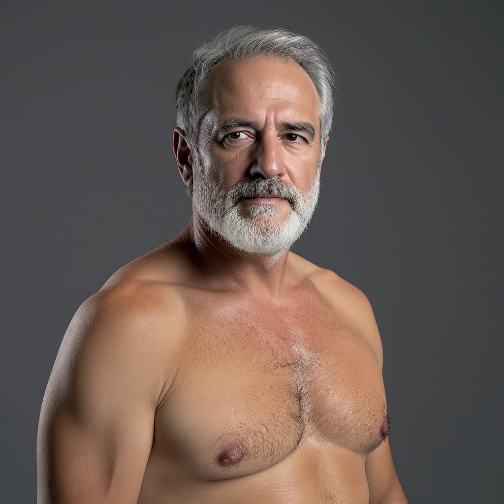 AI generated: A 60-year-old man, hairy, naked, weighing 85 kilos, not muscular, rugged, with a short gray beard, s...