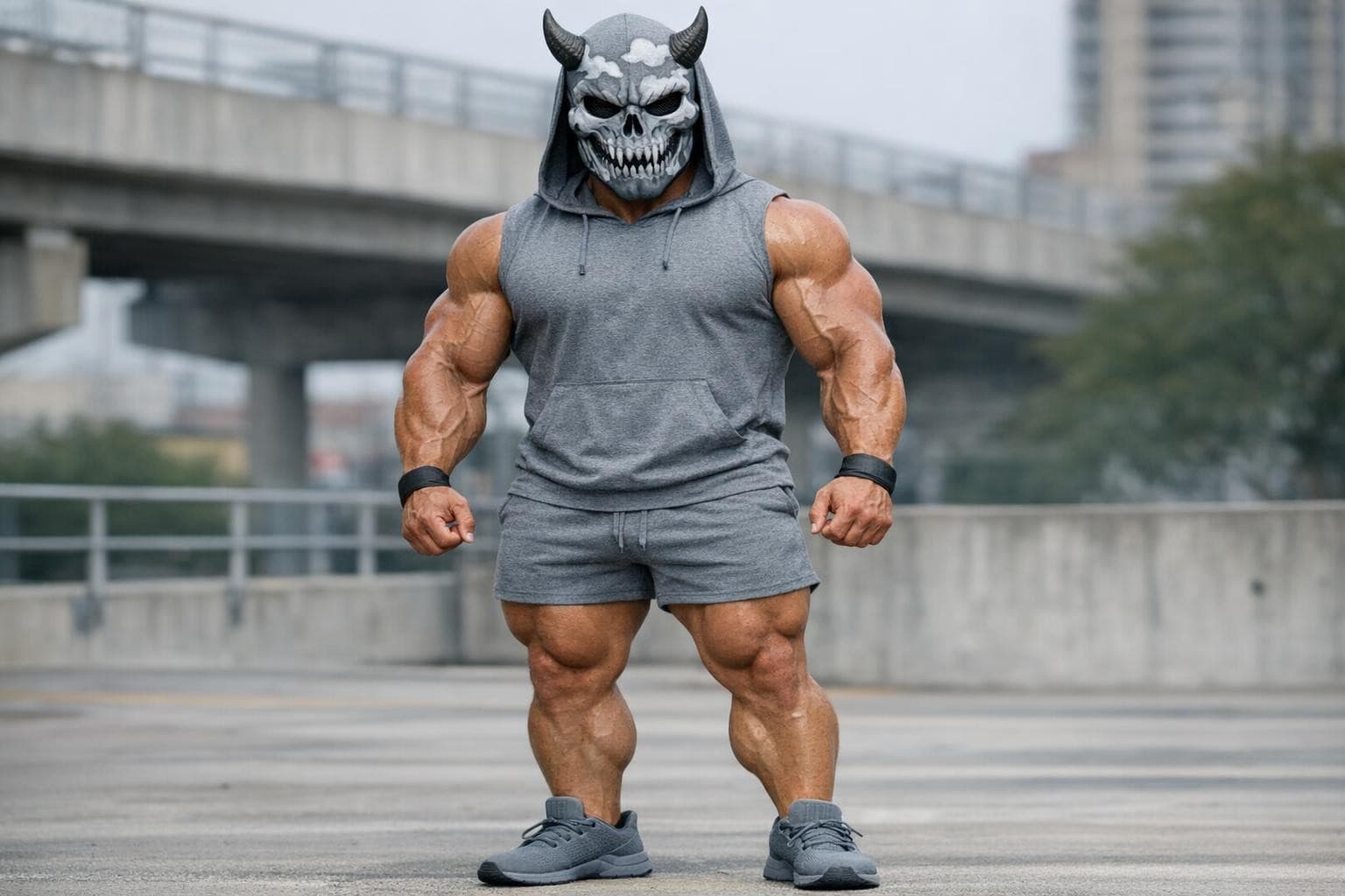 AI generated: A big muscular man wearing grey short shorts and a grey short with no sleeves and a hood  plus a gre...