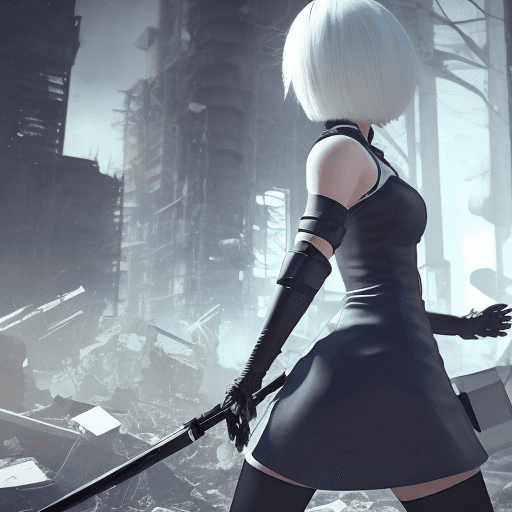 AI generated: 2b from nier automata, High Resolution, 8K, blue eyes, short hair white, in a destroyed city. full b...
