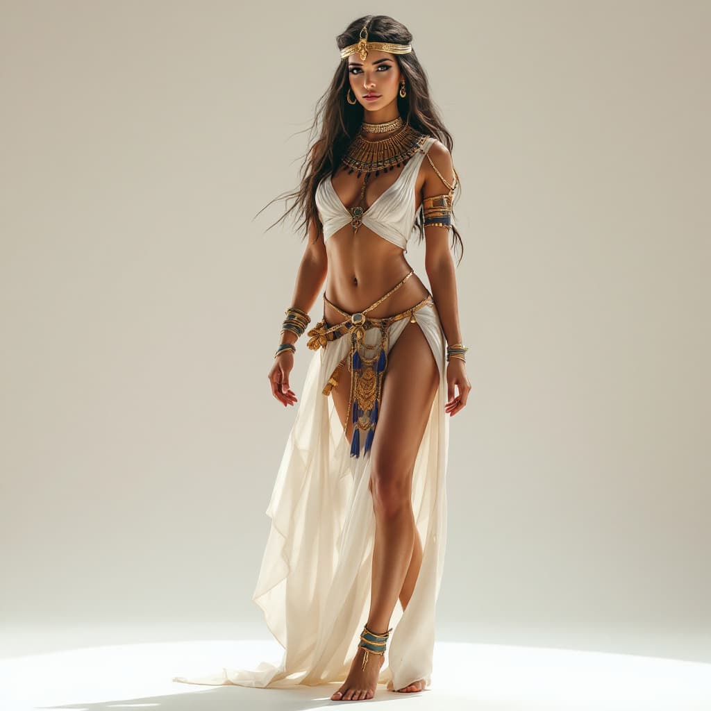 AI generated: full body view hot egyptian girl,  barefoot, show feet.