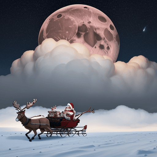 AI generated: santa claus driving sleigh pulled by reindeers flying through the clouds in the night sky. Moon crea...
