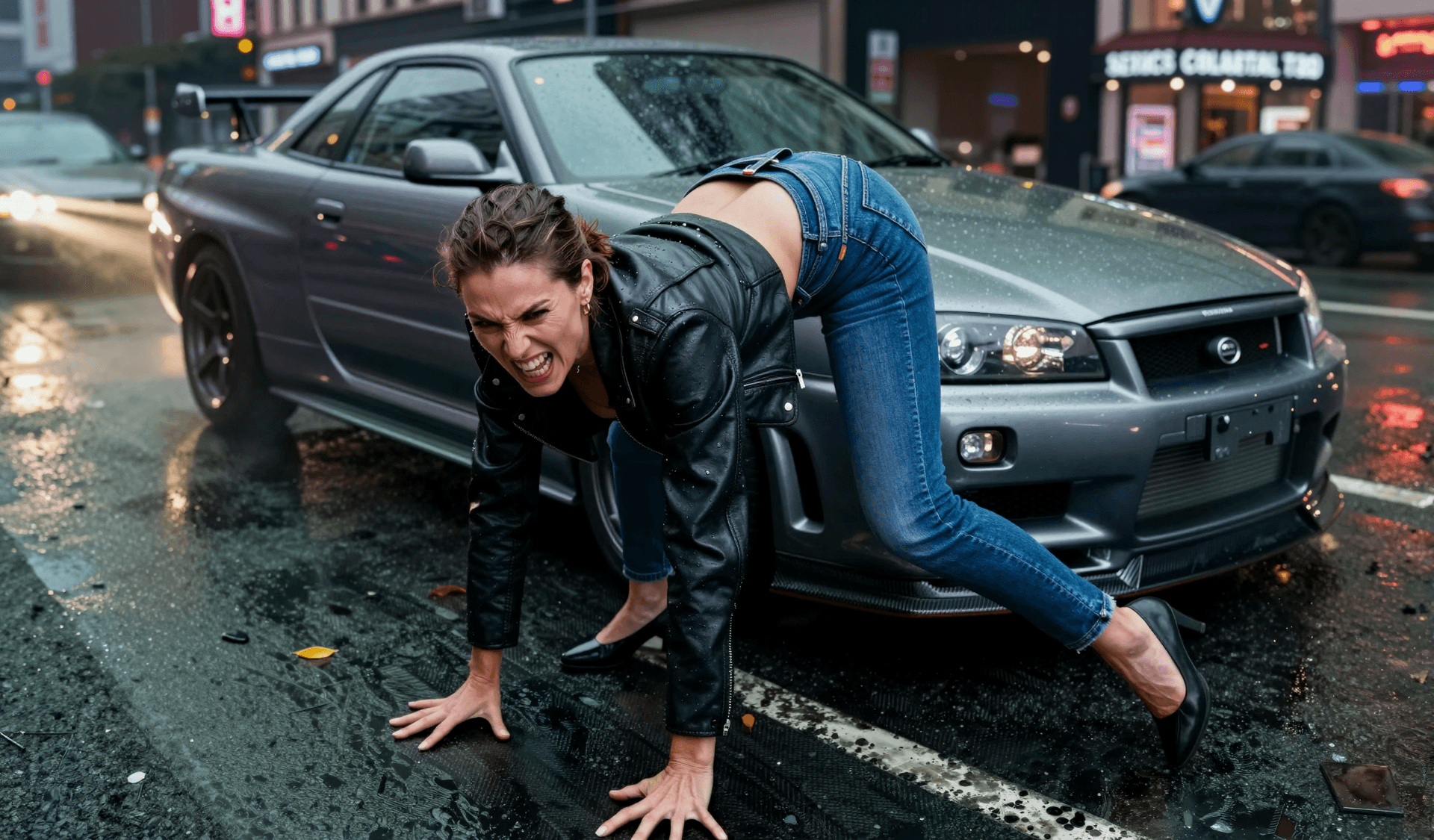 AI generated: An automotive editorial featuring a woman in tight denim jeans and a cropped leather jacket, On all ...