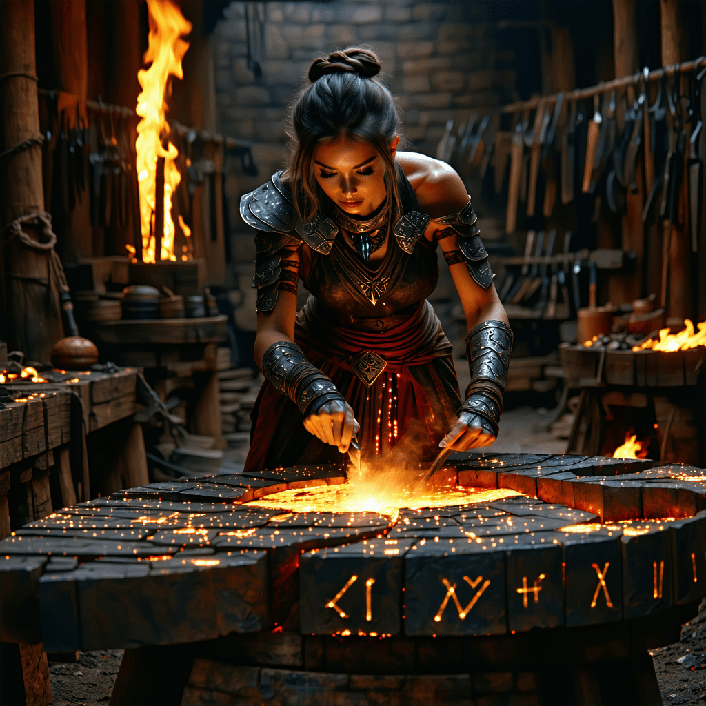 AI generated: A powerful rune smith, her hands crafting tools of power that seem to shift and reform as she works,...