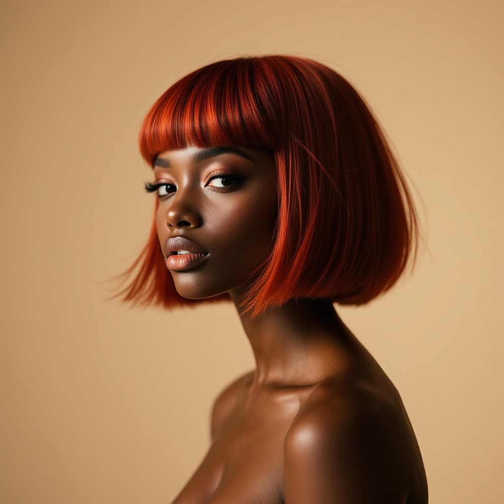 AI generated: hair photography, black woman, bob cut hair, red color, ivory hue background, studio lighting setup,...