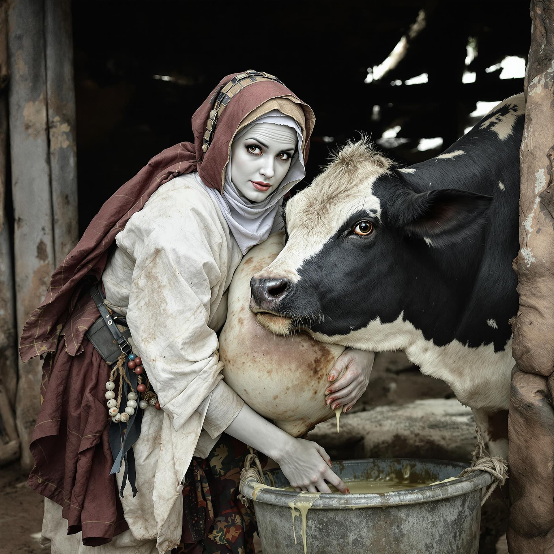 AI generated: In the photo, a white-skinned woman dressed as a beggar takes a cow by the udder and milks it into a...