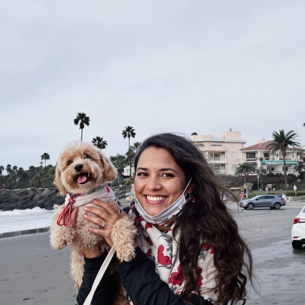 AI generated: peruvian woman with dog in the Huanchaco beach
