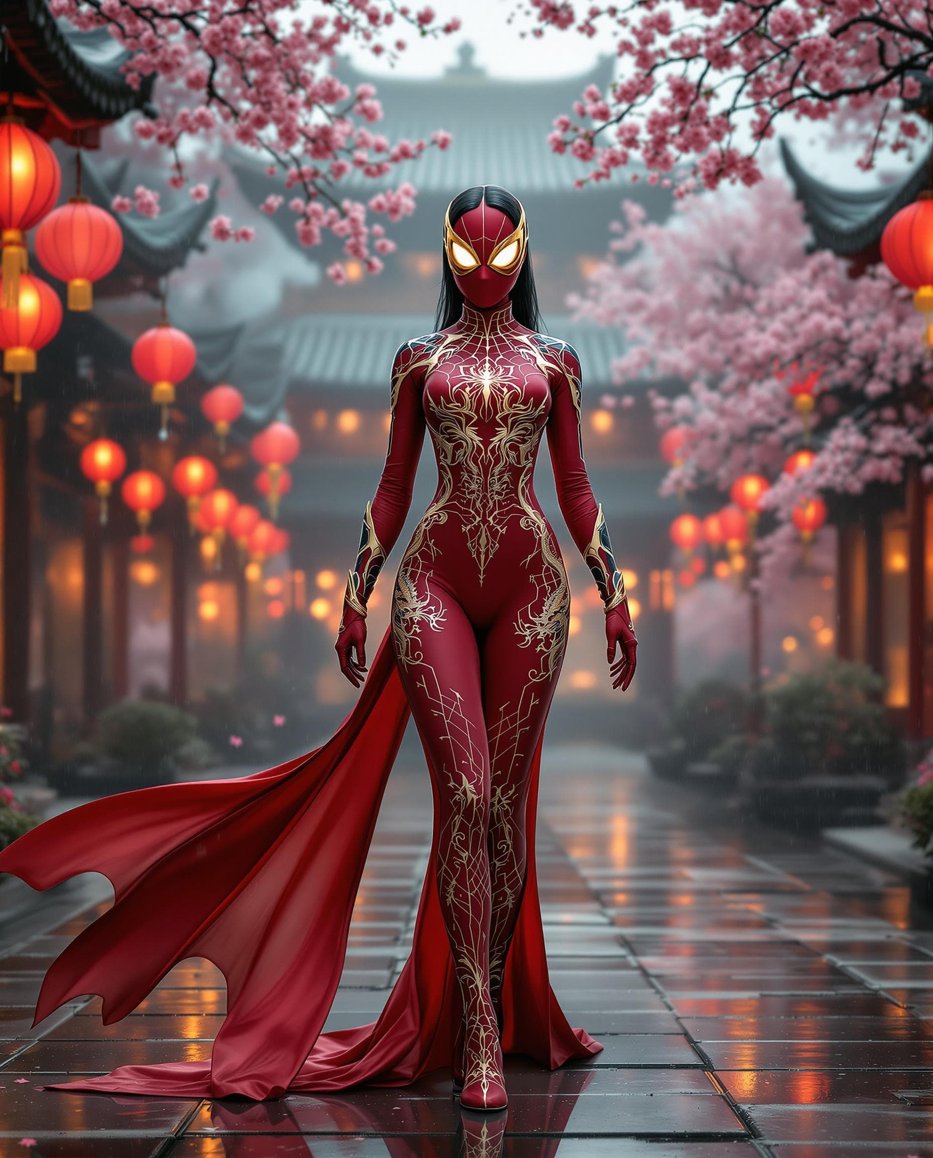 AI generated: Ultra-realistic female Spider-Woman, full-body view, photorealistic 8K rendering, wearing a sleek, f...