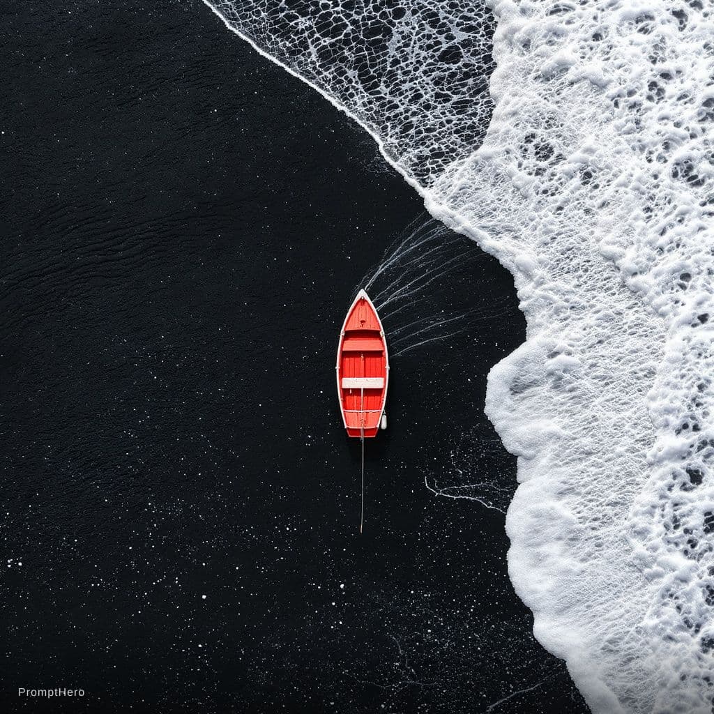 AI generated: small, red wooden boat rests on a dark, volcanic beach.  The boat is centered in the image, position...