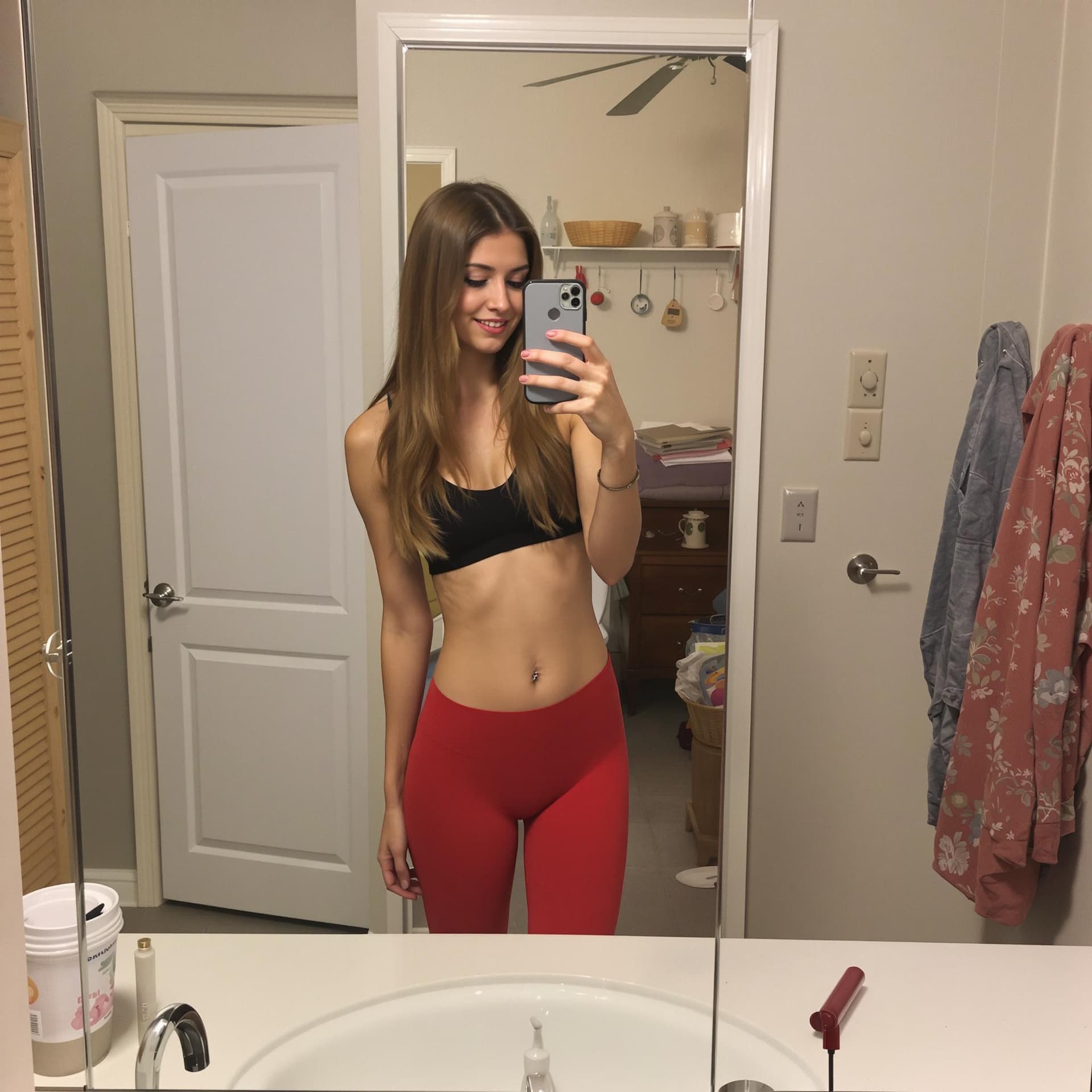 AI generated: the girl takes a photo with her phone of herself in the mirror, she has 24 years old, has straight b...