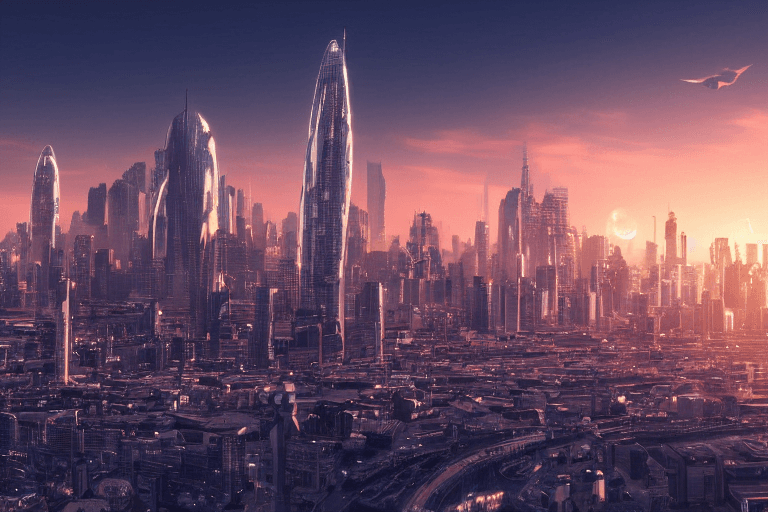 AI generated: super detailed city skyline future, 8k, sunset, spaceships