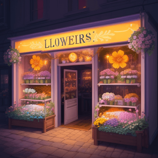 AI generated: A tiny flower shop with an illuminated sign with beautiful colors and flowers at the top
