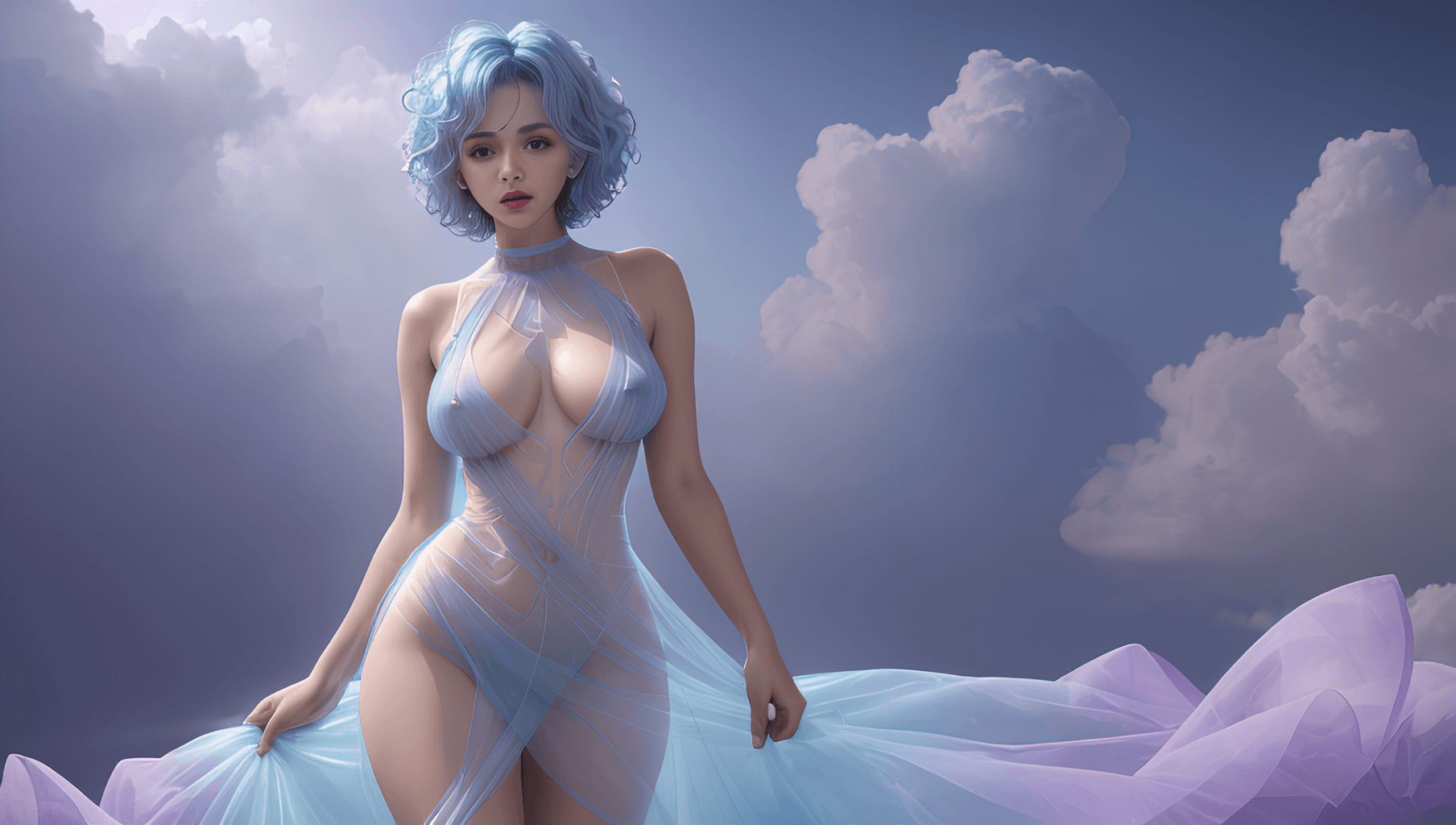 AI generated: A very beautiful woman wearing a transparent dress, short curly light blue hair, facing the viewer, ...