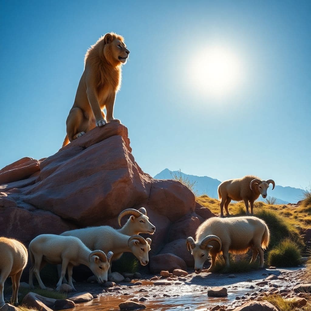 AI generated: A mountain Lion poised on a red rock bluff watching Prog Horn sheep below. The sky is blue with the ...