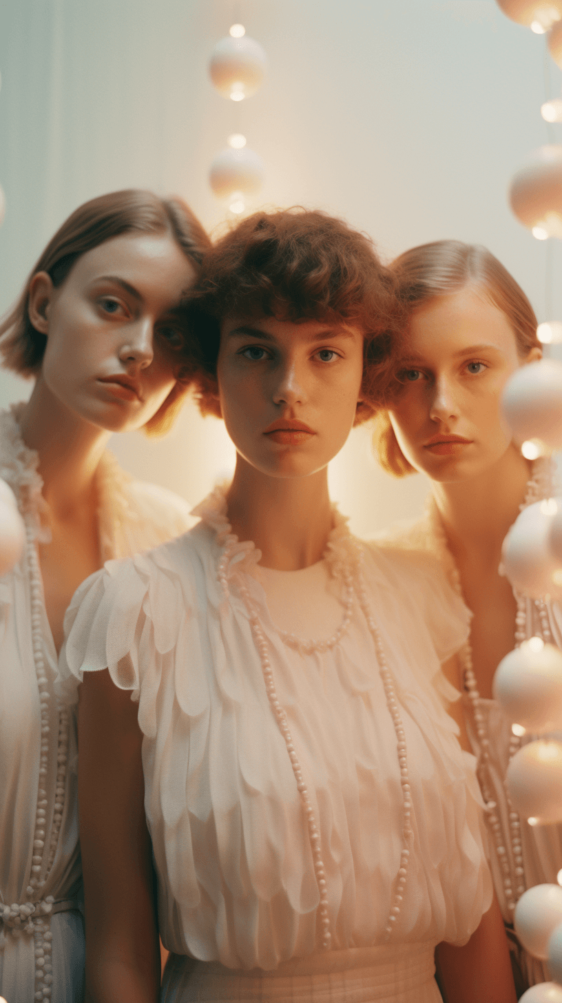 AI generated: disposable photography of 3 fashion models, wearing white knit, with shining background, 8k, photo r...