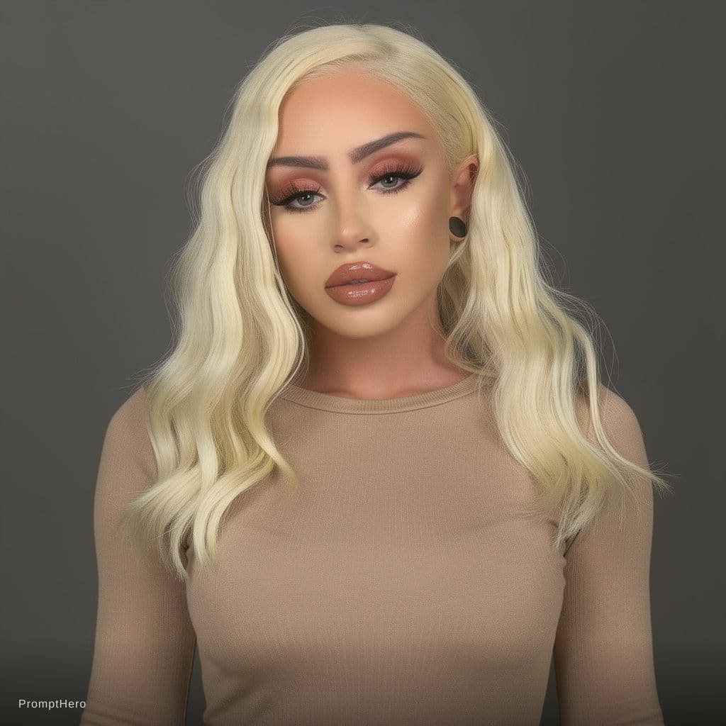 AI generated: beautiful young woman with bleached blonde hair, bimbo look, big exaggerated glossy lips, heavy make...
