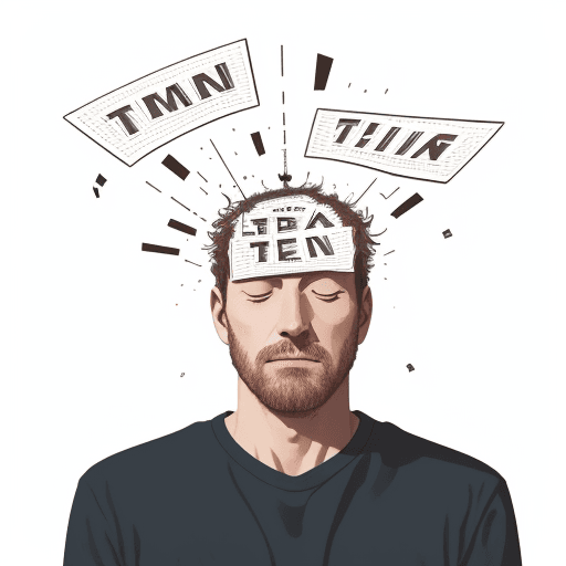 AI generated: illustration of a man thinking, lots of letters emerging form his head, letters blowing in the air, ...