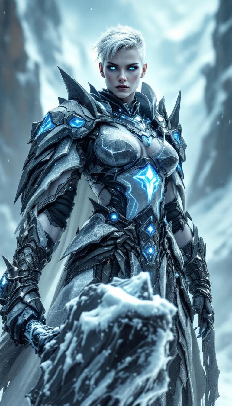 AI generated: An ultra-realistic, full-body portrait of an imposing charcoal frost giant woman, radiating strength...