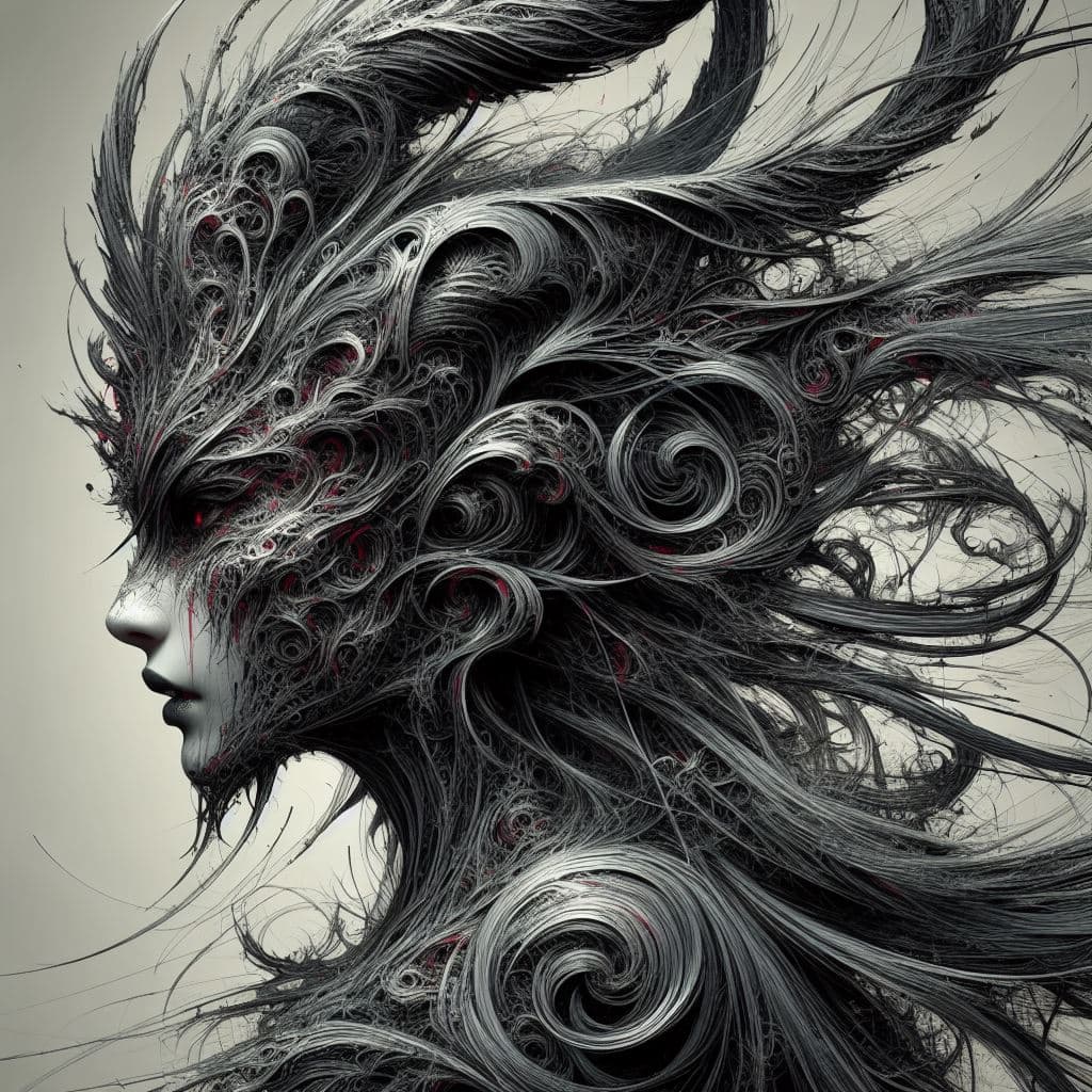 AI generated: realistic intricate concept art chaotic brush strokes of female demon, by Yoji Shinkawa